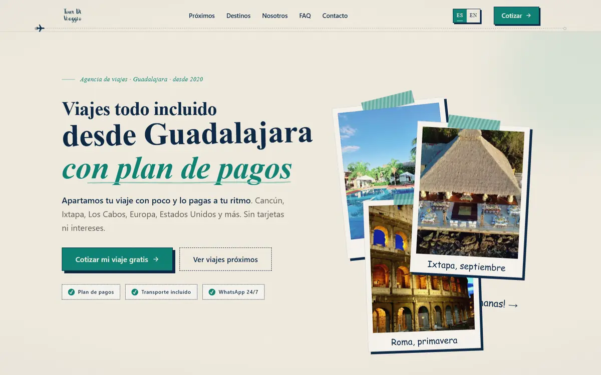 Portada de tourdiviaggio.com: viajes todo incluido desde Guadalajara con plan de pagos
