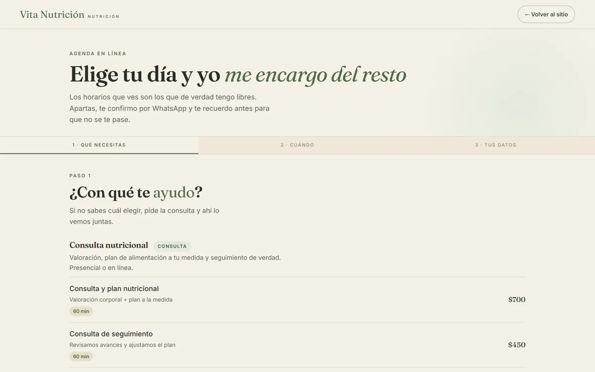 La agenda pública: elige qué servicio necesita, con su duración y su precio a la vista.
