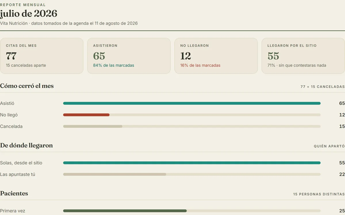 Reporte mensual: citas del mes, cuántas asistieron, cuántas no llegaron y cuántas entraron solas por el sitio.