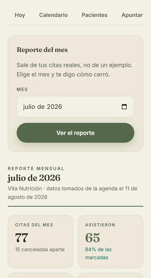 El reporte mensual visto desde el celular, con las citas del mes y cuántas asistieron.